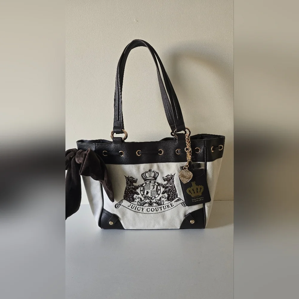 Juicy Couture Classic Scottie Dogs Tote Crystal Canvas Black Trim NWT
